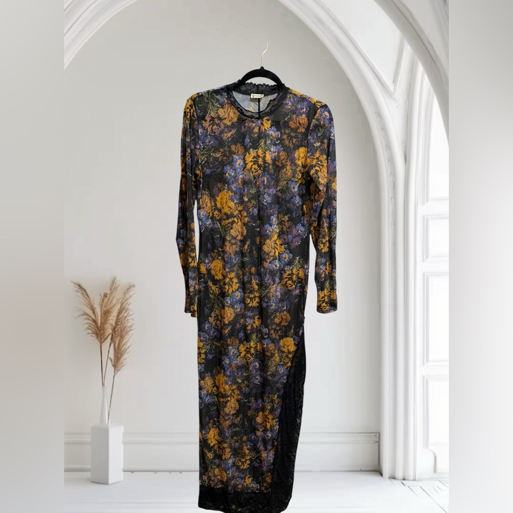 Free People High  Expectations maxi slip dress Size Medium Black Floral Sheer - Picture 3 of 8
